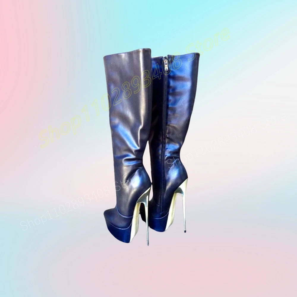 Black Patent Leather Mid Calf Boots Platform Metal Stiletto High Heel Elegant Fashion Sexy Summer Women Shoes 2024 Para Mujere