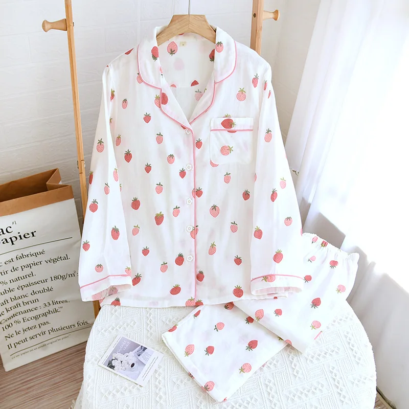 

New Long Sleeve Sleepwear Cotton Pajamas Strawberry Printing Women's Home Clothes Two-piece Trousers Sets Soft Pijama Feminino