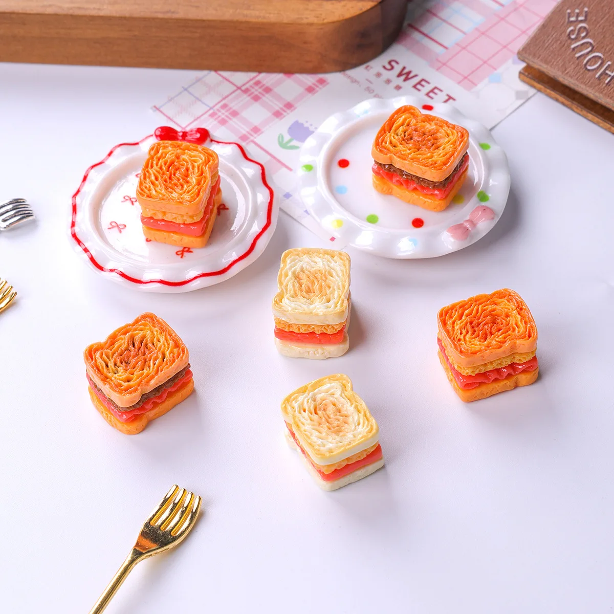10PCS Cute Miniature Toast Burger Charms for Jewelry Making Creative Resin Crafts Keychain DIY Accessories
