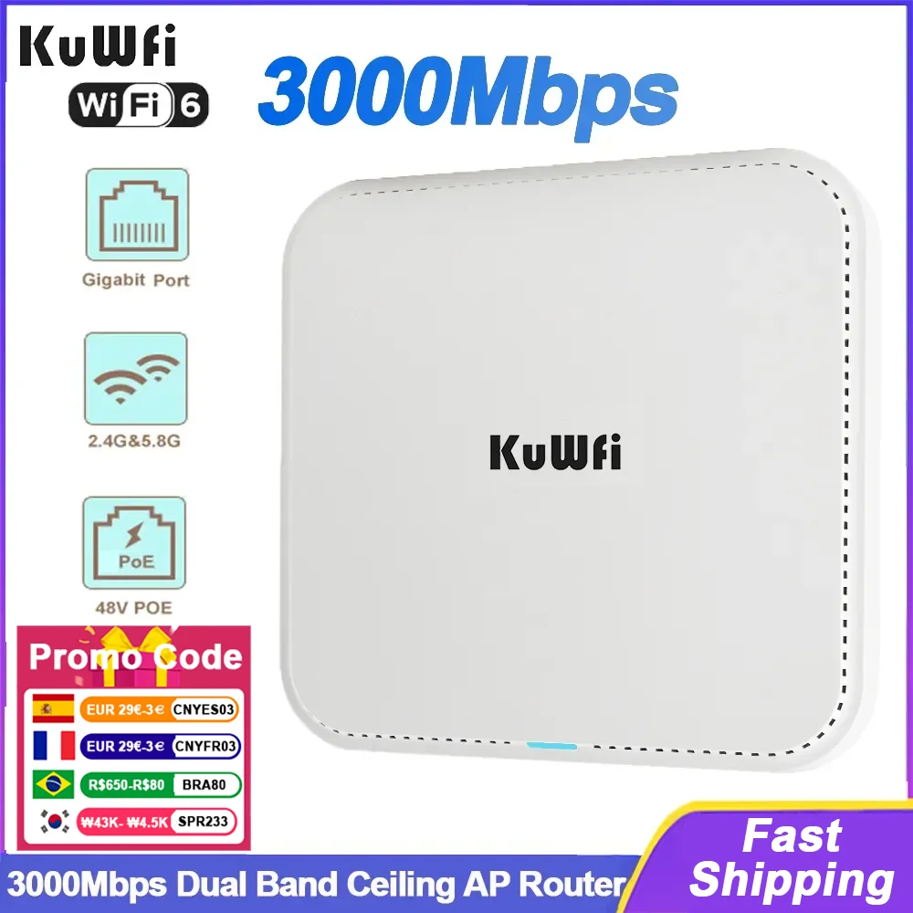 KuWfi 3000Mbps Ceiling Wireless AP Router 2.4G 5G Dual Band Wifi6 Router Access Point with Gigabit WAN LAN Port Support 48V POE