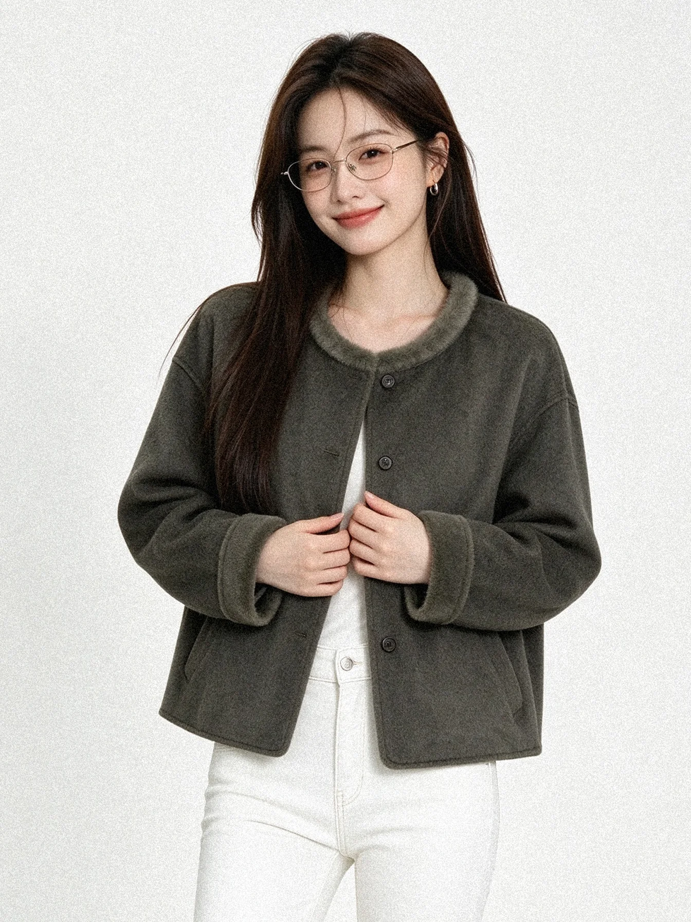 Korean Style Short Double-Faced Woolen Coat Women's Loose Slimming Fur Collar Outerwear Warm Straight Tube Long Sleeve