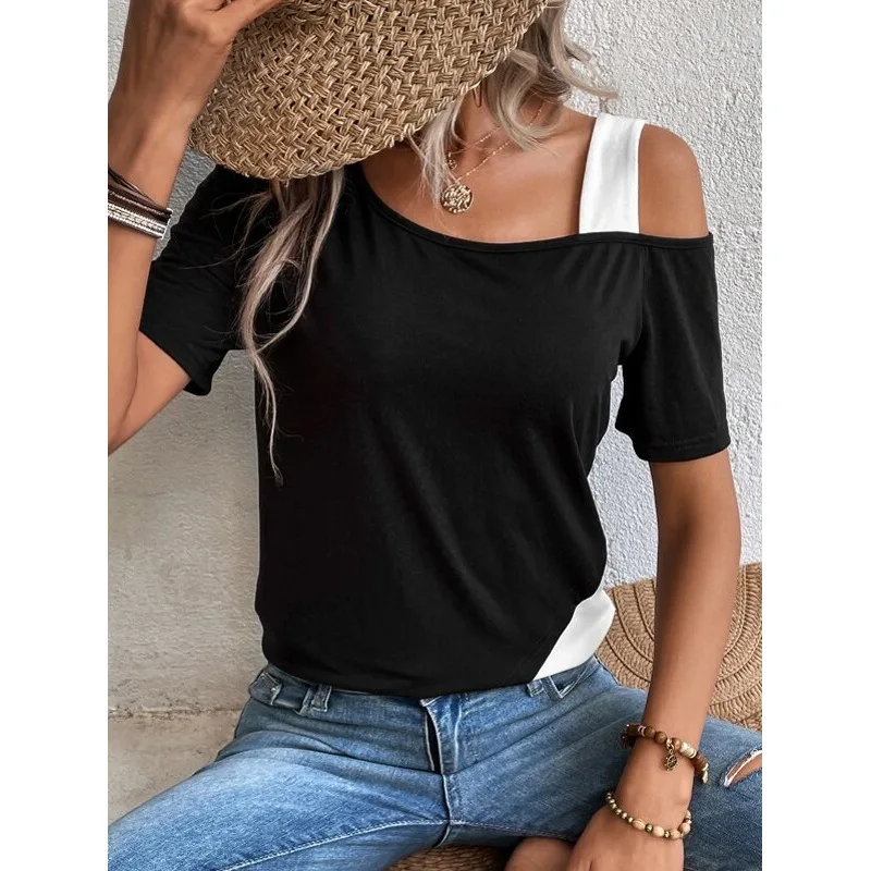 Chic Farbe Blockieren Kurzarm Frauen Einfarbig Off Schulter Asymmetrische T-Shirt Weibliche Sommer Casual Tops – Detail 9