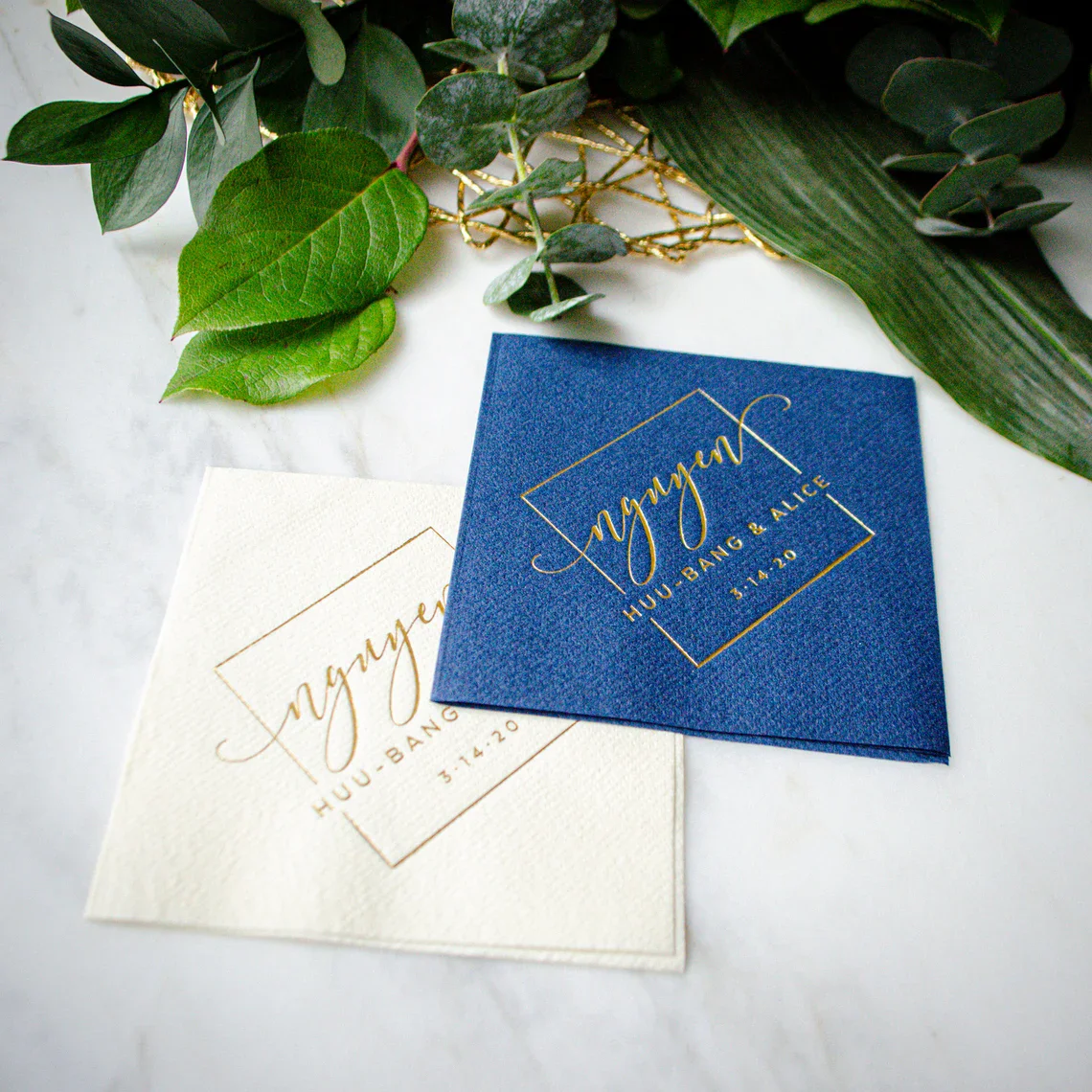 50pcs Square Monogram Linen-Like Wedding Cocktail Napkins, Custom Monogram Linun Beverage Napkins, Gold Foil Party Napkins, Wedd