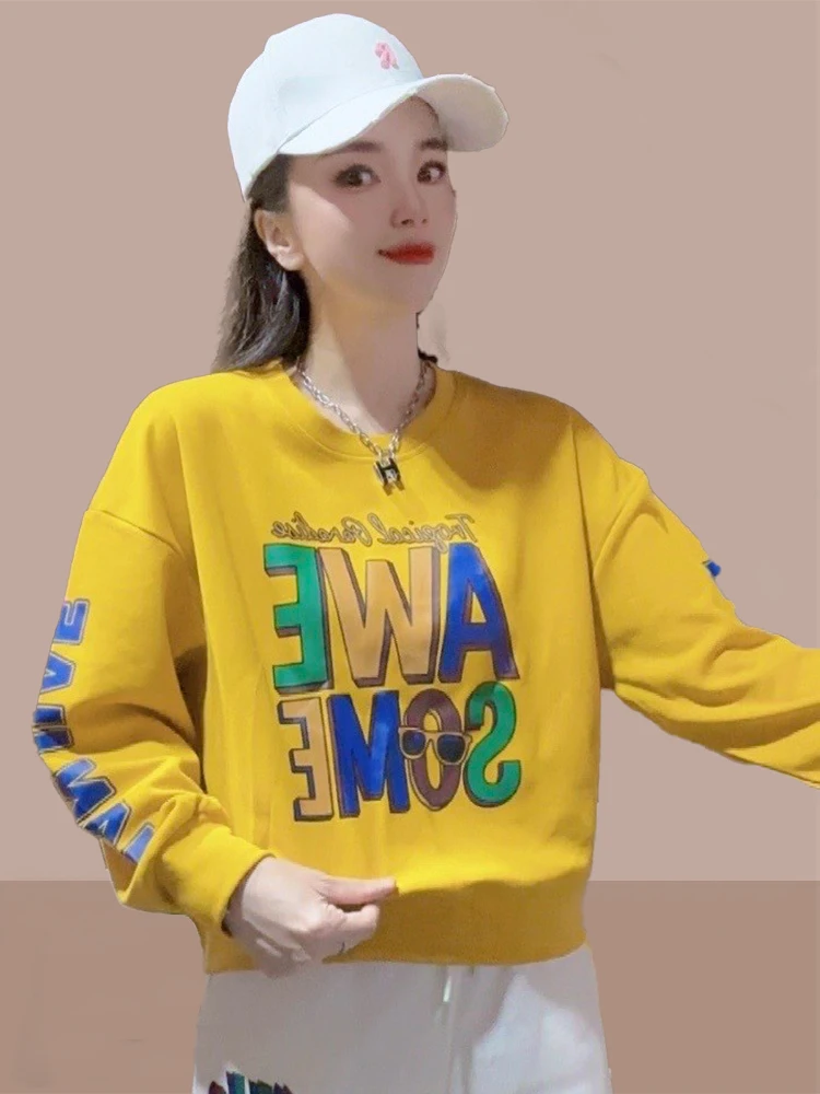 Cotton round Ne Letter Print Sweatirt Women's Spring Autumn New Design Versatile Long Sve Top Comfortable Loose Fit