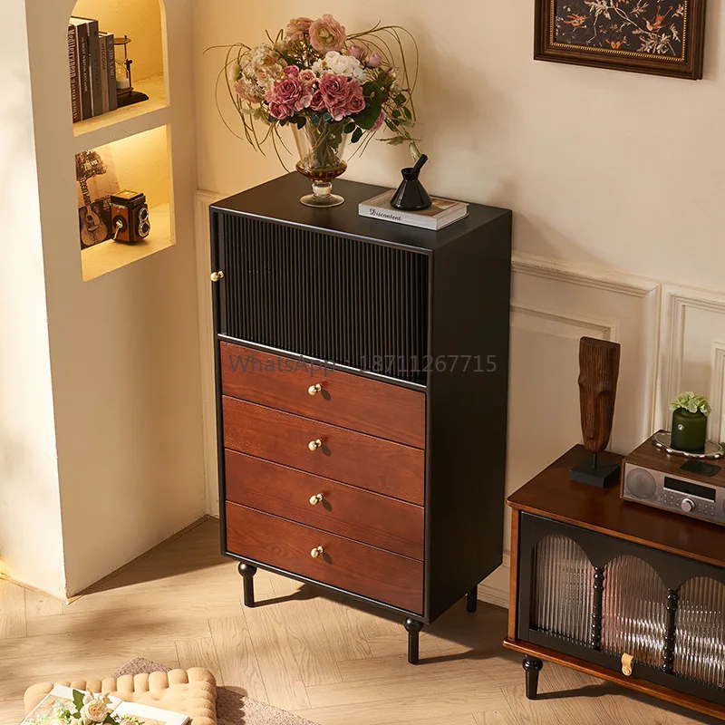 French solid wood chest black American living room rolling shutter cabinet door locker