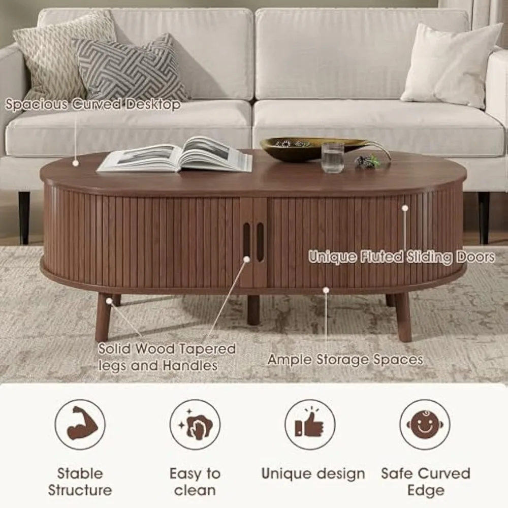 Modern Coffee Table with Sliding Tambour Door, Oval Fluted Coffee Table with Storage, Small Curved Profile Coffee Tables