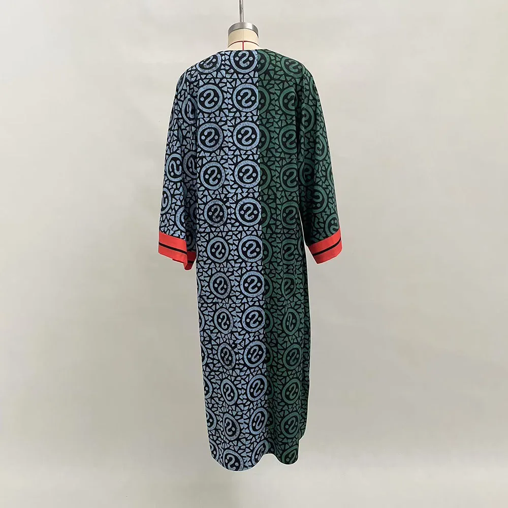 أنيقة الخامس الرقبة فستان فضفاض بسيط المرأة 2025 الربيع الصيف عطلة الطباعة المرقعة فستان ماكسي عادية