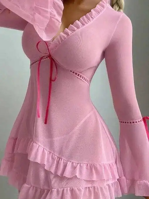 โปร่งใสลูกไม้ตาข่ายเซ็กซี่แขนยาว V คอสีทึบชุด Charming Casual Pure Desire สวยหวาน 5K6X