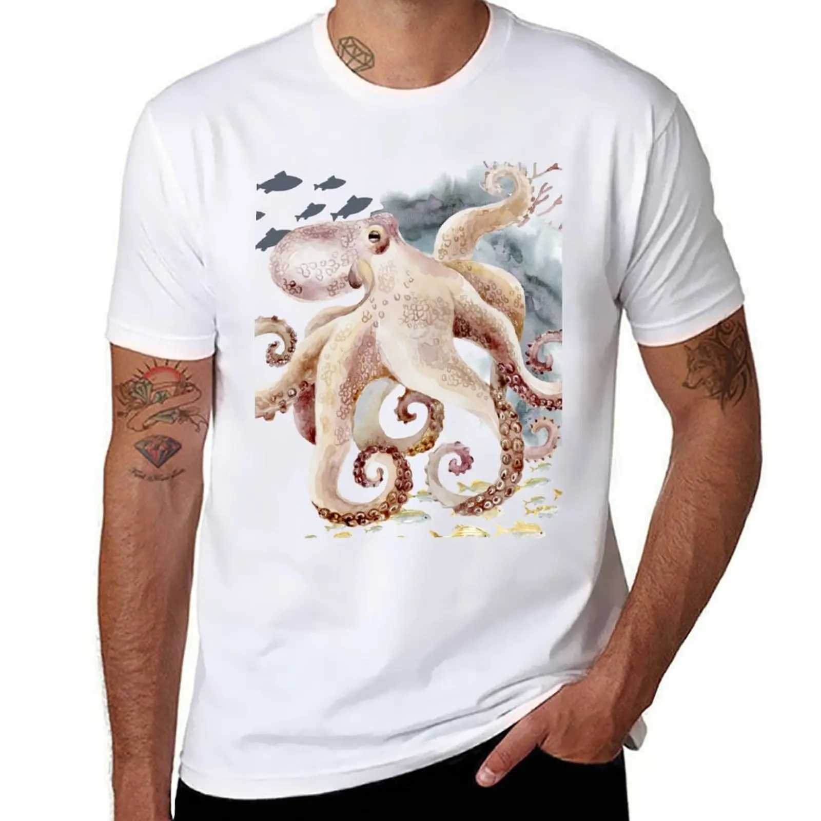 Octopus With Beige Tan and Grey T-Shirt Casual Loose Fit Short Sleeve T-Shirt