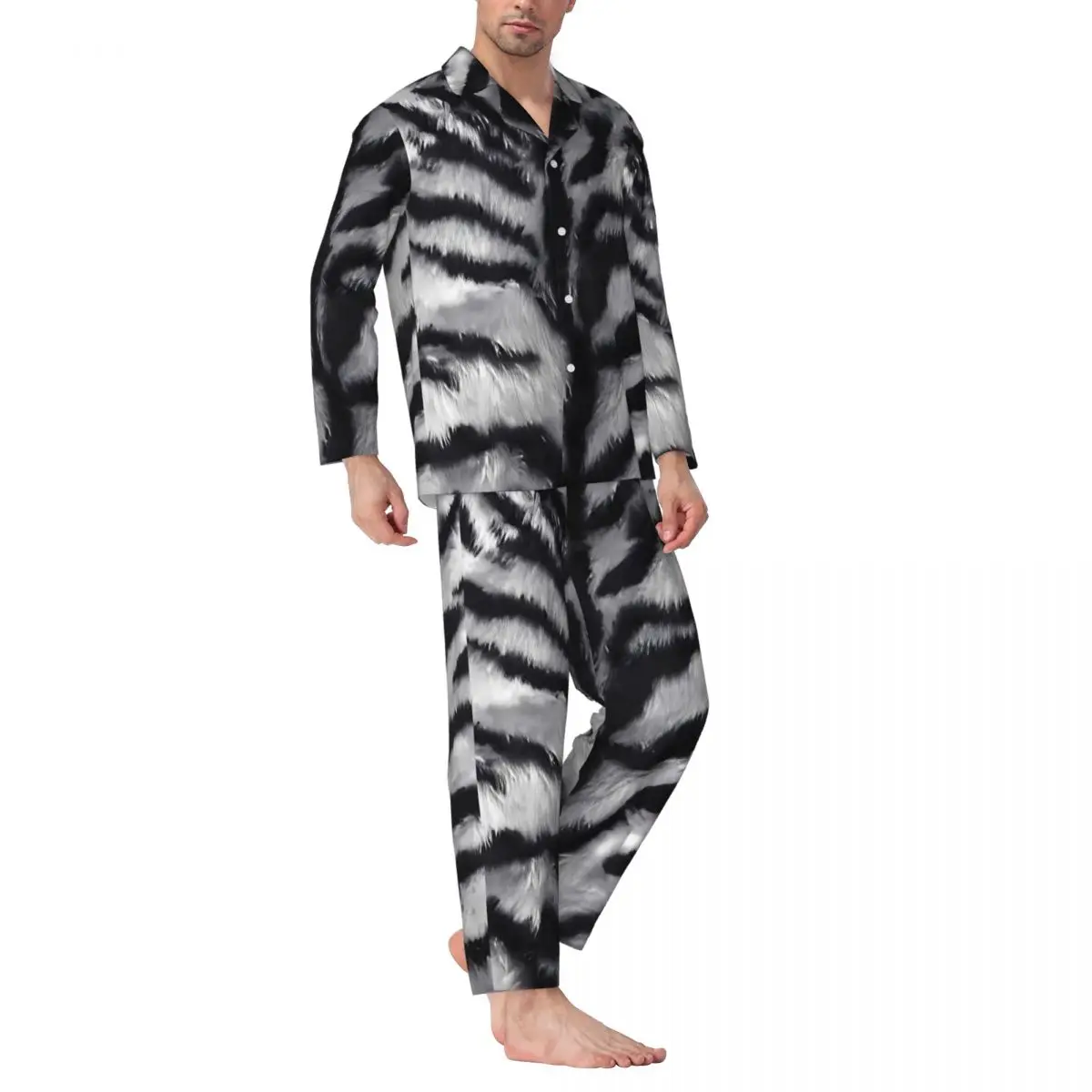 Pijamas masculinos com estampa de tigre branco, roupa de dormir diária com pele de animal, 2 peças, conjunto de pijama vintage, mangas compridas, kawaii, terno de casa de grandes dimensões