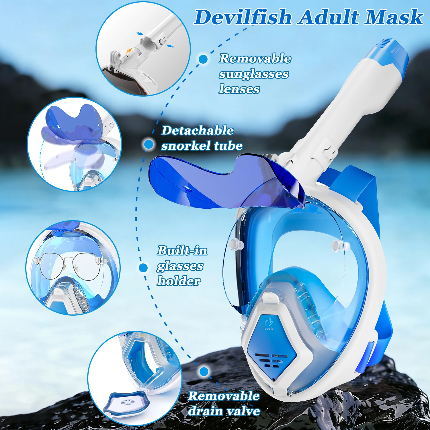 

Devilfish Adult Snorkelling Mask Features Detachable Camera Mount and Prescription Lens Holder Flip-Up Sun Visor Swimming