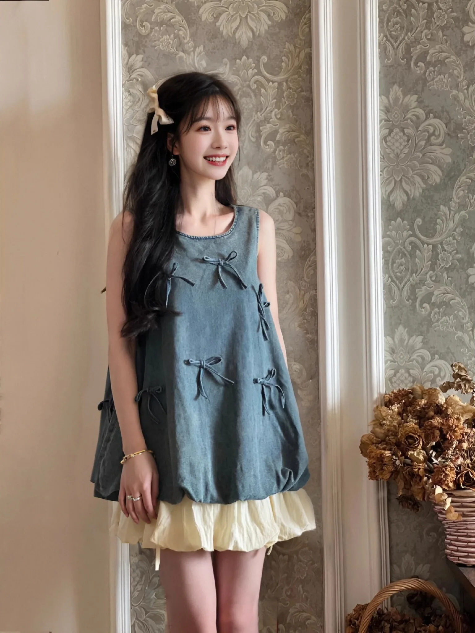 

Sweet Cool Knot Denim Top And Skirt Set Women's Summer Vintage Floral Tulle Miniature Two-Piece Suit Casual Fashion