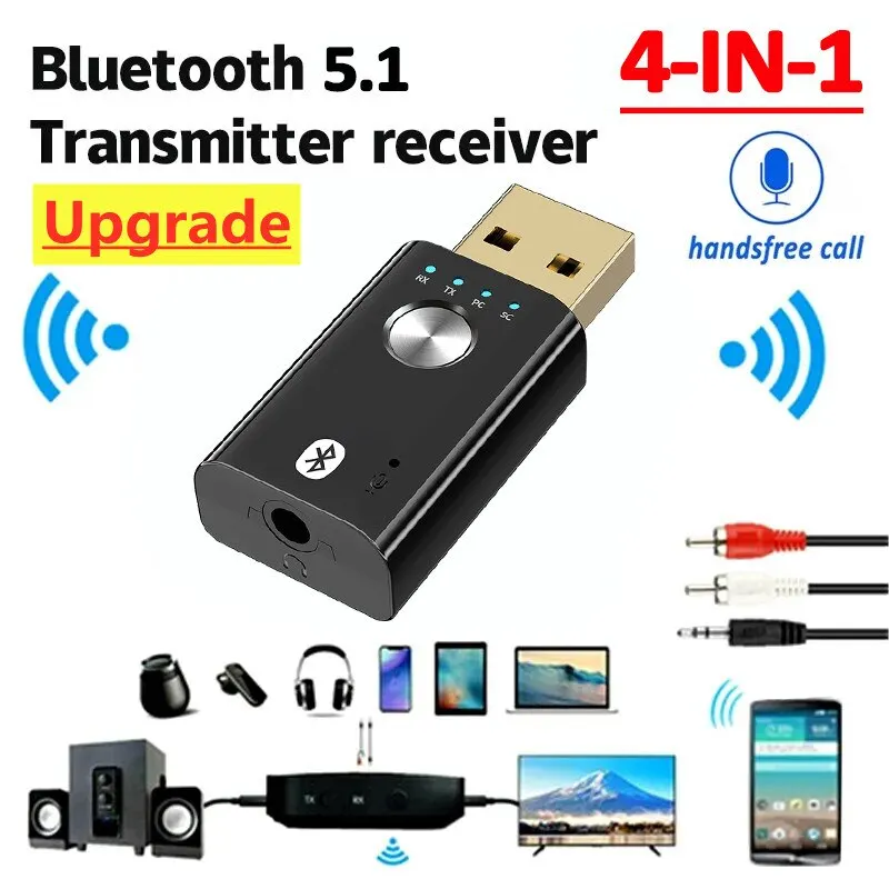 4 In 1 Bluetooth 5.1 Audio Receiver Transmitter Stereo USB Dongle 3.5mm 3.5 AUX RCA Wireless Adapter for Car Kit TV PC Headphone