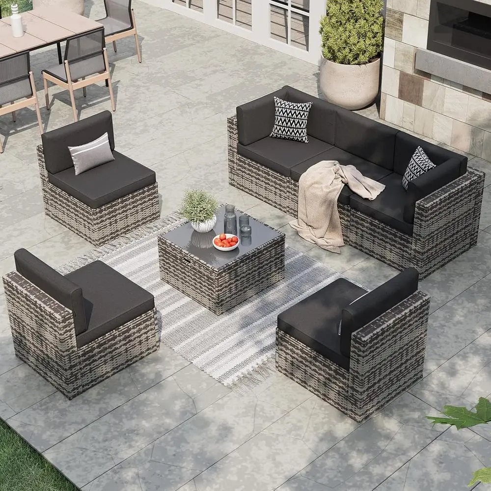 

6-Seat All-Weather Wicker Patio Furniture Set with Storage Coffee Table, Ideal for Sectional Sofas and Garden Relaxation (Grey/B