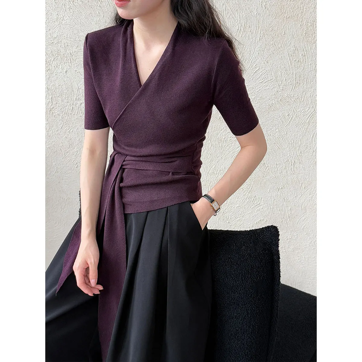 

Knot Design Camere Knitted Sweater Women's V-ne Slim Fit Tee-quarter Sve Pure Color Autumn New Sle SS772