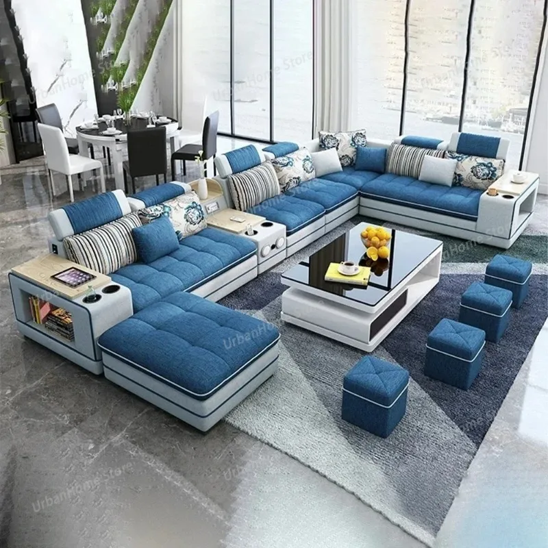 Modern Fabric Sofa Set with Bluetooth Speaker Sound System - Living Room Sofas Big U Shape Corner Cloth Couch with Stools