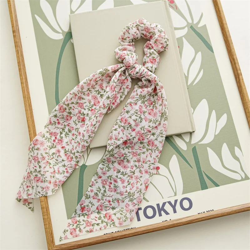 Chip Flower Grid Print Bow Hair Scarf Hair Scrunchies Chiffon Floral Scrunchie Hair Bands Ponytail Holder Scrunchy Ties 34cm 1Pc