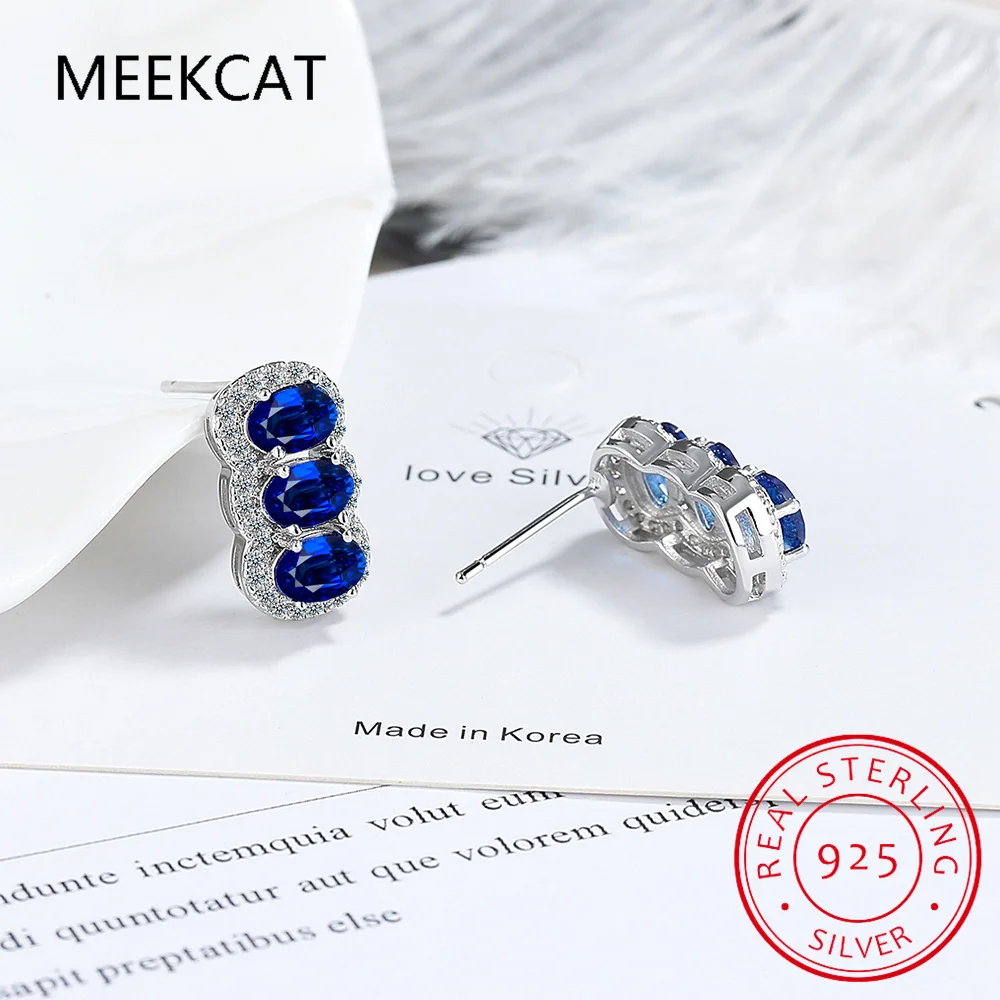

Three Oval Created Blue Sapphire 925 Sterling Silver Stud Earring for Women Gemstone Fine Jewelry Brincos de Prata Birthday Gift