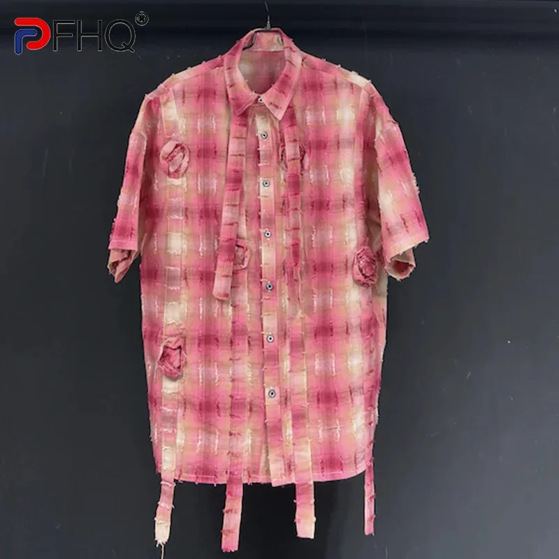 

PFHQ Men's Checkered Shirt Short Sleeve 2024 Summer New Loose Versatile Handmade Flowers Delicacy Personality Male Tops 21Z4845