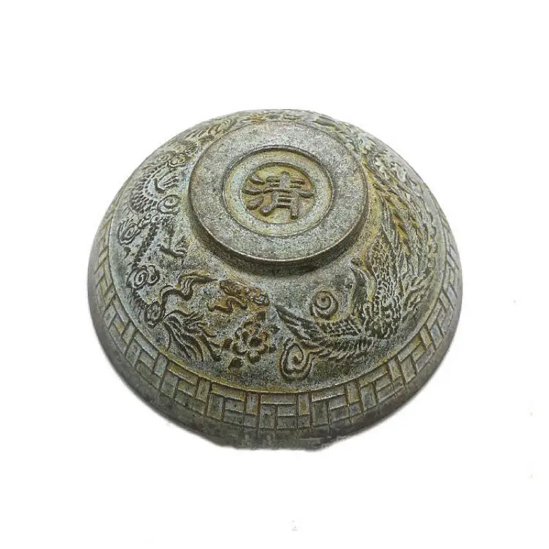 Chinese Old Statue Hand-Carved Bronze Bowl Dragon Phoenix Tea Cup Wine Cup