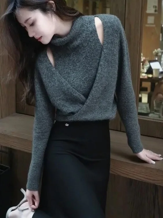 

Ele ey High Collar Knitted Sweater Women's Faion Design Hollow out Lady Sle Autumn Winter Polyester Fiber