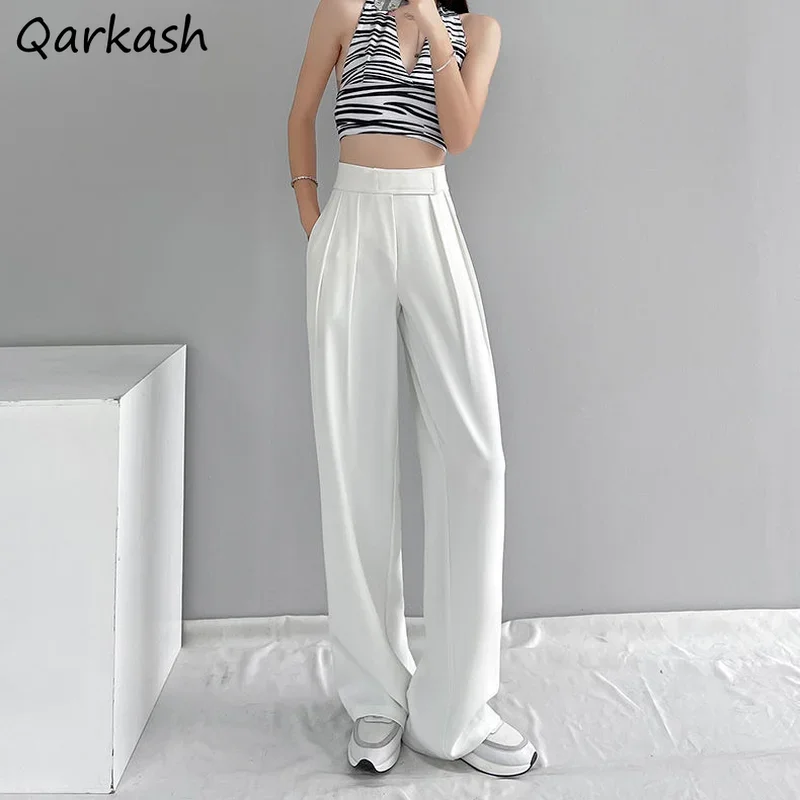 Pants Women Casual Korean Elegant Office-look Daily Pure Color Autumn High Street Retro Wide Leg Trousers Popular Ulzzang Ins