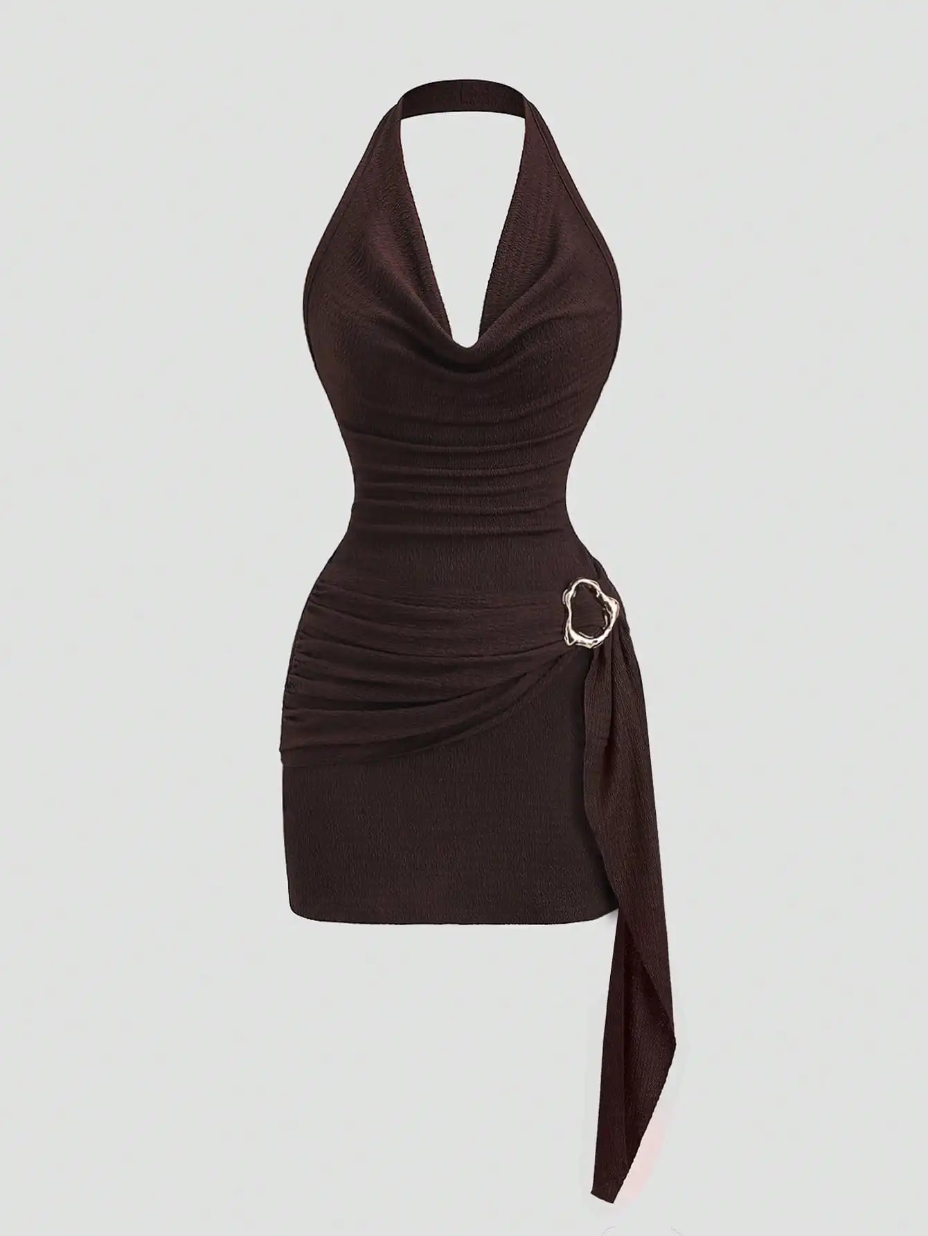 

Women's Halter Neck Fitted Mini Dress with Side Ruched Detail and Metal Ring Accent
