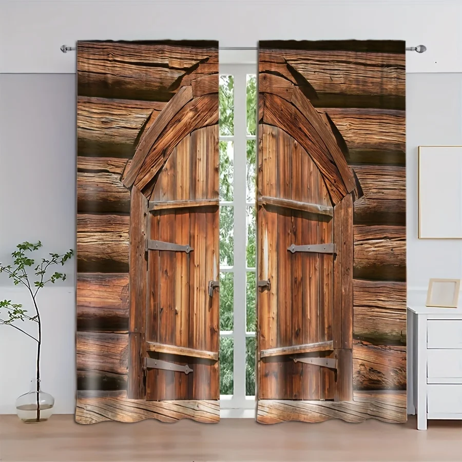 2pcs New Fashion Wooden Door Decor Curtains Semi Shade 3D Digital Printed Rod Pocket Curtains For Living Room Office Home Decor