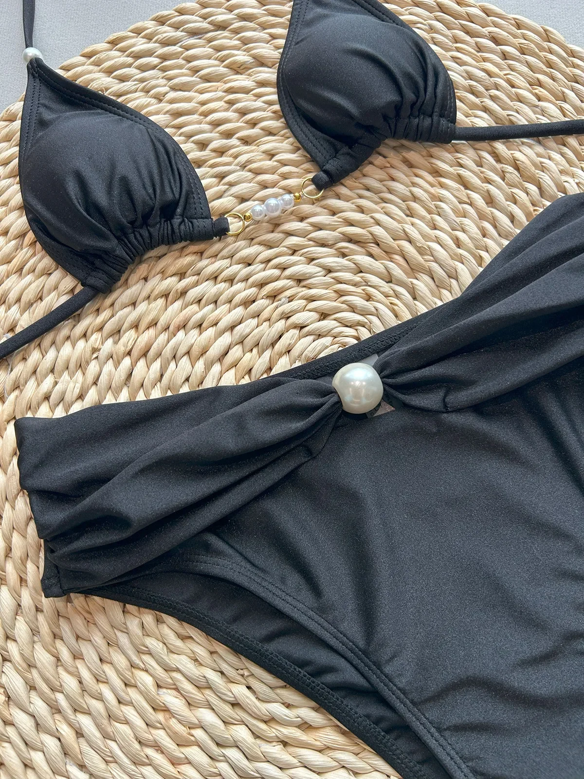 Set bikini sexy a vita alta con perle nere 2025 Reggiseno push up da donna con scollo all'americana Costume da bagno a due pezzi Costume da bagno da spiaggia