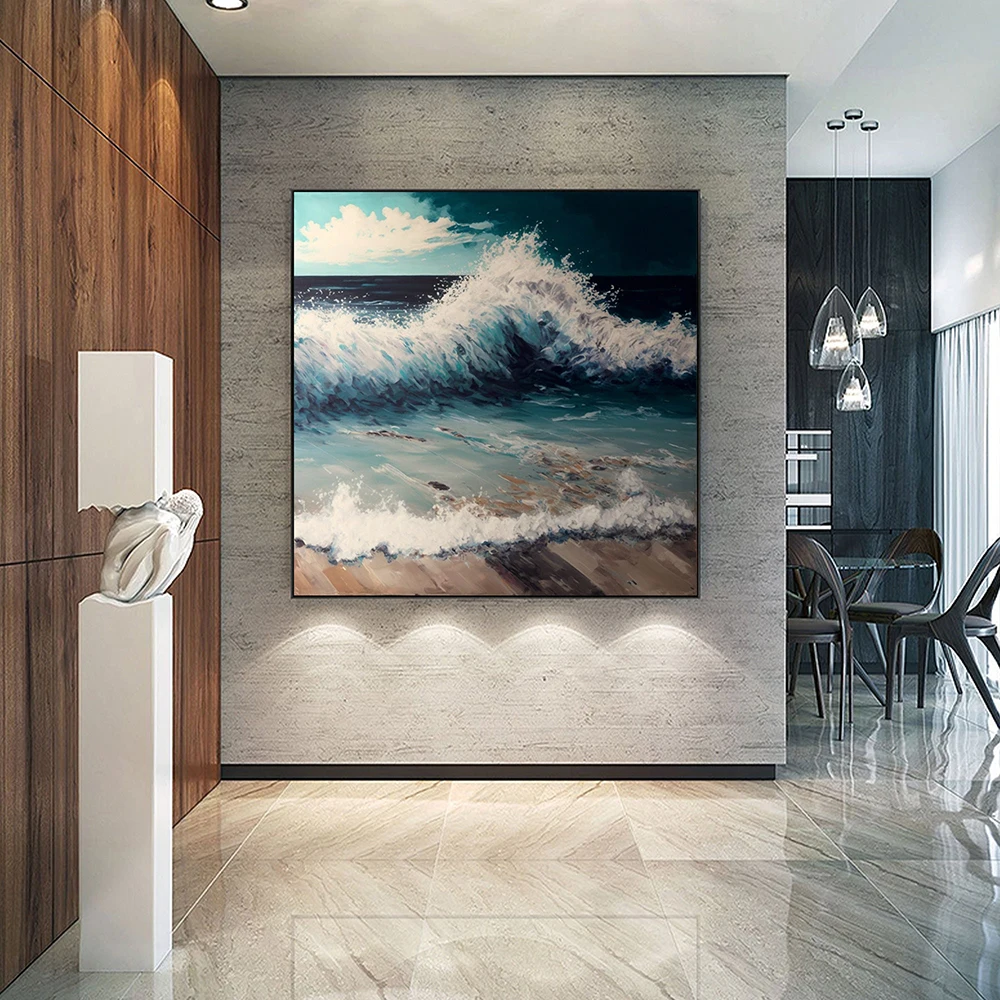 Handmade Oil Painting Large Blue Ocean Oil Painting On Canvas Wall Art Abstract White Wave Painting Boho Wall  Living Room Decor