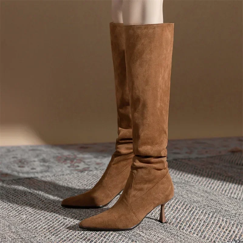 

New Women Suede Knee High Boots Ladies Pointed Toe Tall Boots Retro High Heels Female Autumn Winter Long Plush Warm Boot