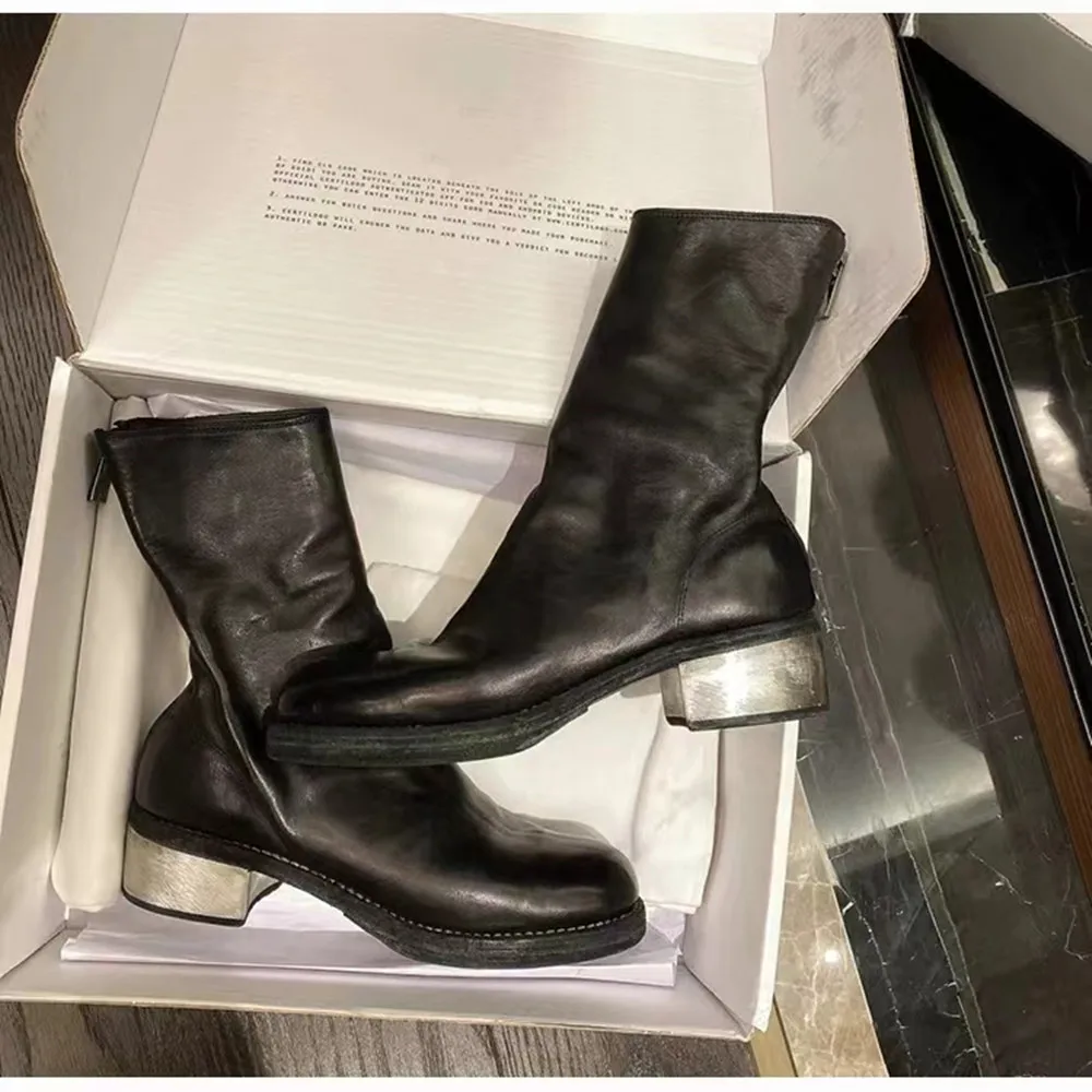 

New Fashion Leather Back Zipper Modern Ankle Boots Solid Mid Metal Heel Women Round Toe Female Botas