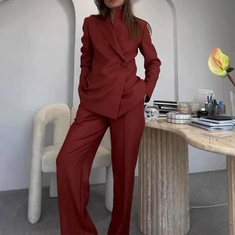 

2025 Европейская и американская женская мода, однотонный топ на пуговицах с длинными рукавами и прямыми брюками