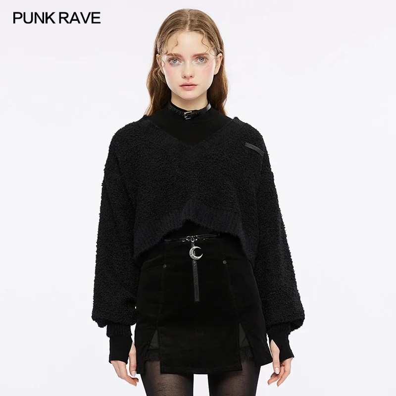 

PUNK RAVE Women's Gothic Wool Like Woven Pumpkin Embroidery Loose T-shirt Daily V-neck Casual Tops Spring & Autumn