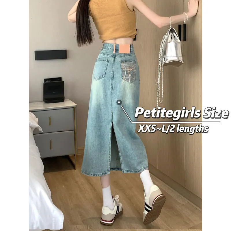 

150cm Petite girls Retro Embroidered Split Denim Skirt Women High Waist And Arm Wrap A-Line Medium Length XS Appear High Summer