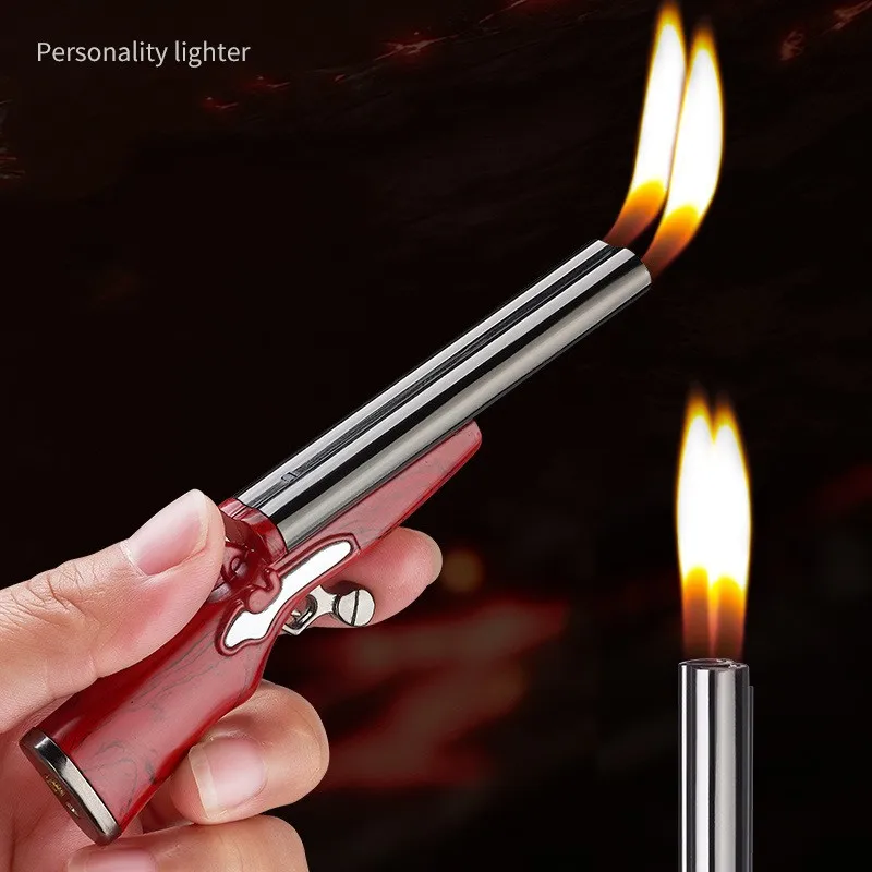 Metal Mini Gun Dual Fire Butane Gas Lighter Press Ignition Open Flame Smoking Accessories Gifts For Men Dropshipping Suppliers