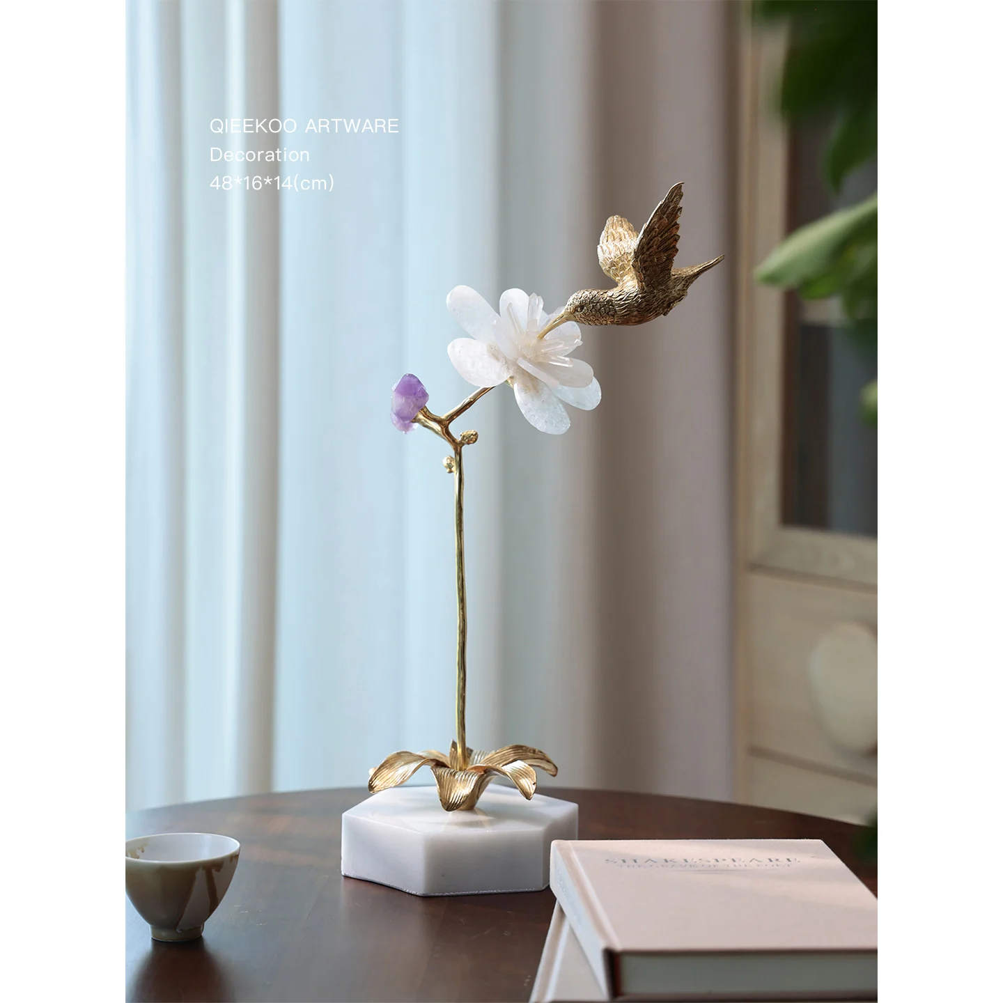 Home Living Room Office High-Grade Decoration Desktop Light Luxury Brass Bird Crystal Flower Art Entryway Ornaments