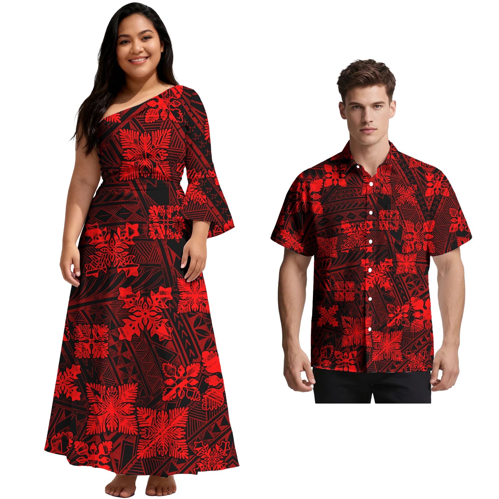 

Костюм для пары острова Гавайи, полинезийское женское элегантное платье с наклонными плечами, мужская рубашка Aloha, одежда для влюбленных Самоа