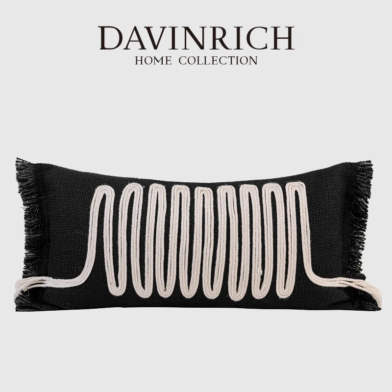 DAVINRICH Wabi Sabi Style Lumbar Pillow Covers Designer Woven Cotton Rope Geometric Decorative Bolster Cushion Case With Tassels