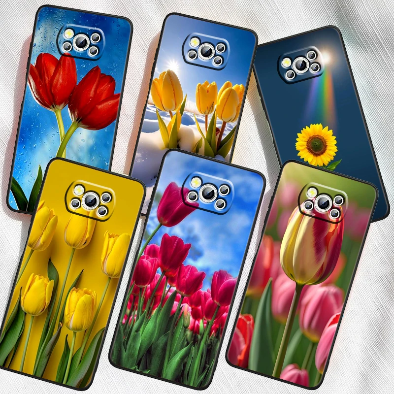 

Tulips Sunflower Rose Flower For Xiaomi Mi Poco F5 F4 F3 X6 X5 X4 X3 M6 M5 M5S M4 M3 C65 Pro GT NFC 5G Black Cover Phone Case