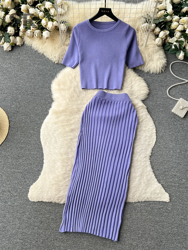 2024Casual Two Piece Sets Women Summer O Neck Top Elastic Waist Long Skirt Fashion Office Lady Korean Knit Suit