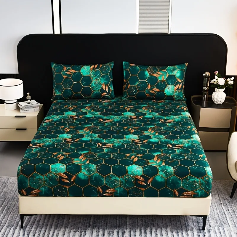Ocean-Themed Geometric Grid Pattern Printed Fitted Sheet Set, Featuring High-End 3D Pattern Dyeing, Soft And Skin-Friendly