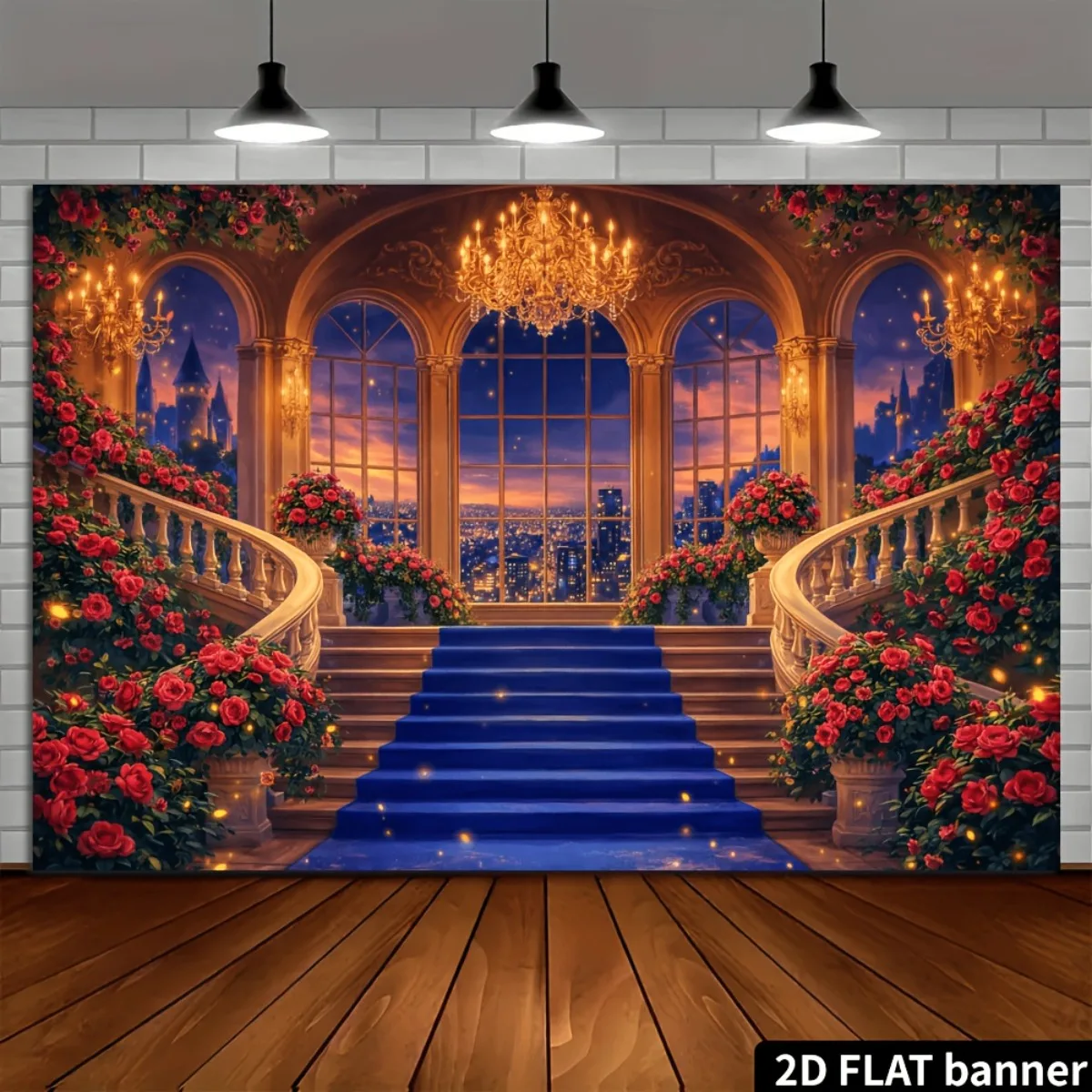 Royal Palace Blue Carpet Staircase Tapestry 2D Flat Red Rose Chandelier Wall Hanging for Bedroom Luxury Decor Fabric Poster