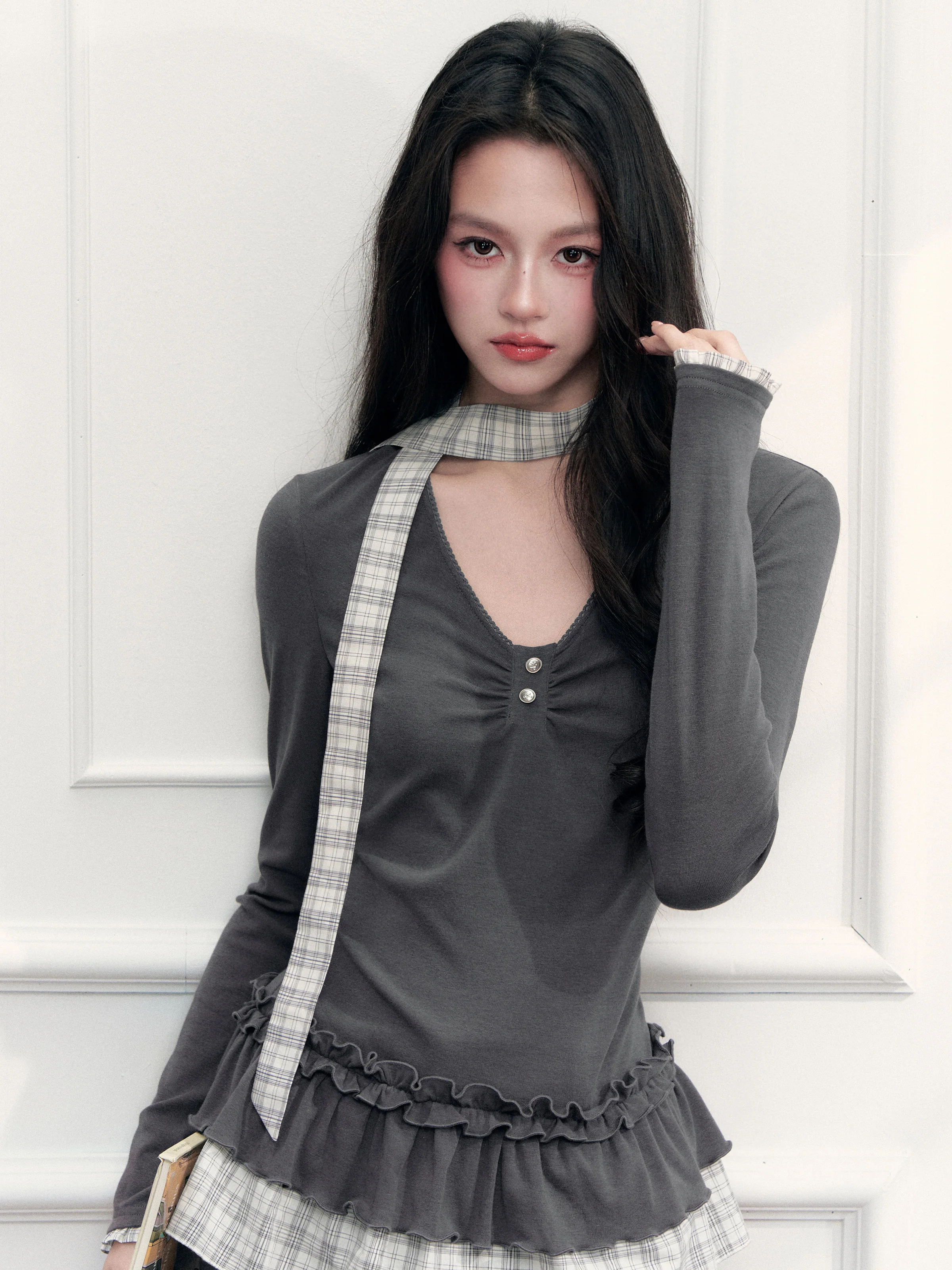 Retro Book Series Soft Style V-neck Plaid Patchwork Wood Grain  T-shirt Korean Style Long Sleeve Cotton Blend Top