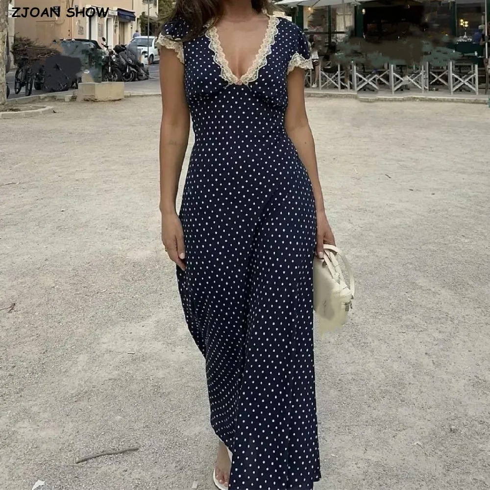 

2025 Retro French Style Navy Blue Polka Dot Print Spliced Lace V neck Women Midi Dress Puff Sleeve Sashes Tea Dresses Robe Femme