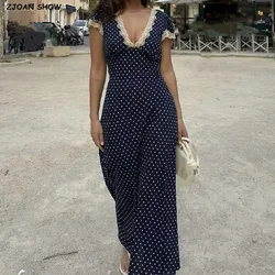 2025 Retro French Style Navy Blue Polka Dot Print Spliced Lace V neck Women Midi Dress Puff Sleeve Sashes Tea Dresses Robe Femme