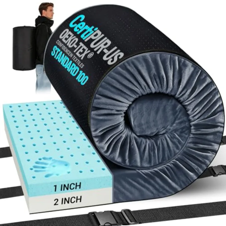

Camping mattress pad for outdoor use, memory foam with ventilated breathable design, gray, CertiPUR-US Oeko-TEX certified, wate