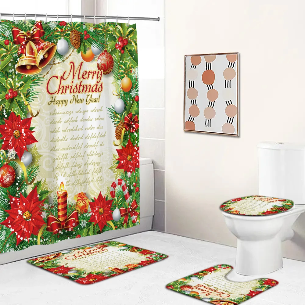 

Christmas Bathroom Shower Curtain Set Waterproof Bathtub Curtains Christmas Wreath Non-Slip Bath Mat Toilet Cover Pedestal Rug