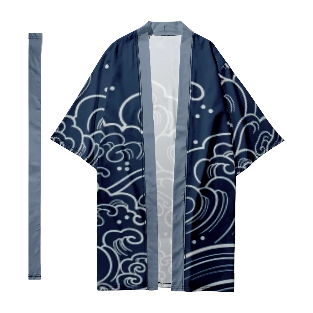 Kimono estampado ondulado para homens e mulheres, camisa havaiana, tops de praia elegantes, roupões Yukata soltos, roupas japonesas, moda verão