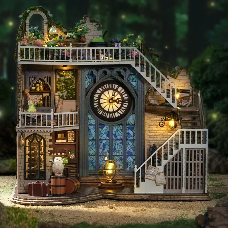 DIY Vintage Magische Thema Stijl Poppenhuis Speelgoed 3D Houten Miniatuur Poppenhuis Speelgoed met Meubels LED Verlichting